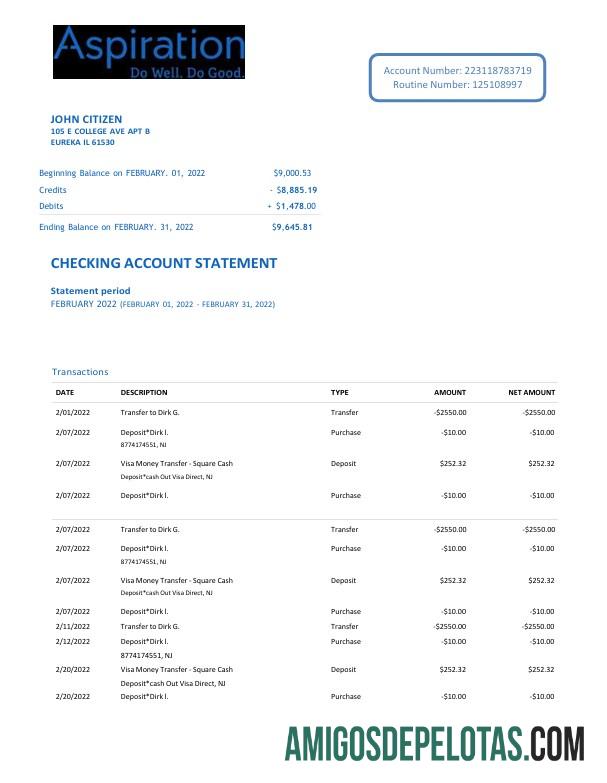 Extrato bancário de aspiração dos EUA em branco Modelo Word e PDF, 2 páginas
